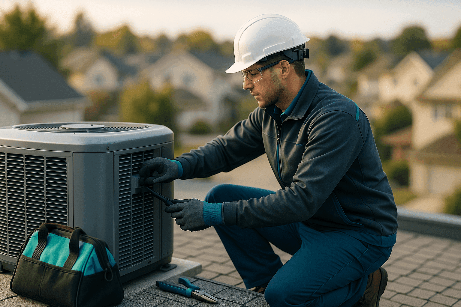 HVAC technician in PPE adjusting rooftop HVAC unit on a clean residential roof